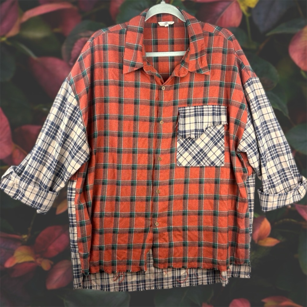 Entro Contrast Patchwork Plaid Flannel Button Up … - image 1